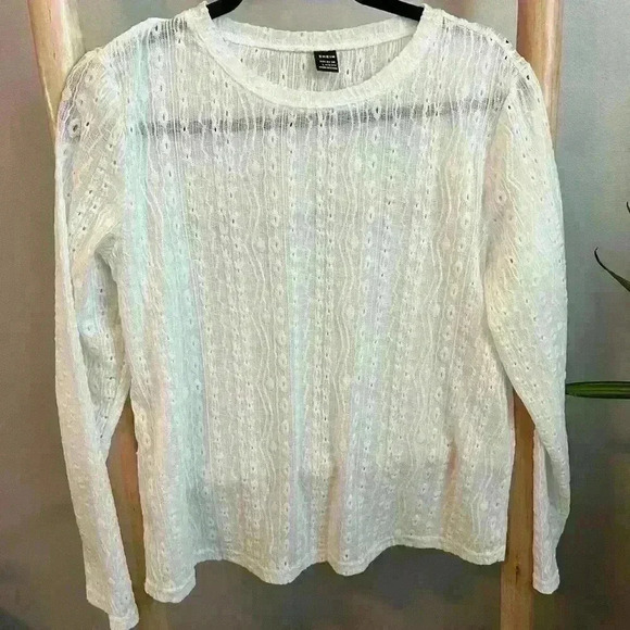 SHEIN large long sleeve shirt eyelet white blouse crewneck - Picture 1 of 4
